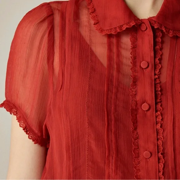 J.Crew Sheer lace-trim button-up Vibrant Red Cap Sleeves Blouse Women’s Size 6 - Picture 2 of 12